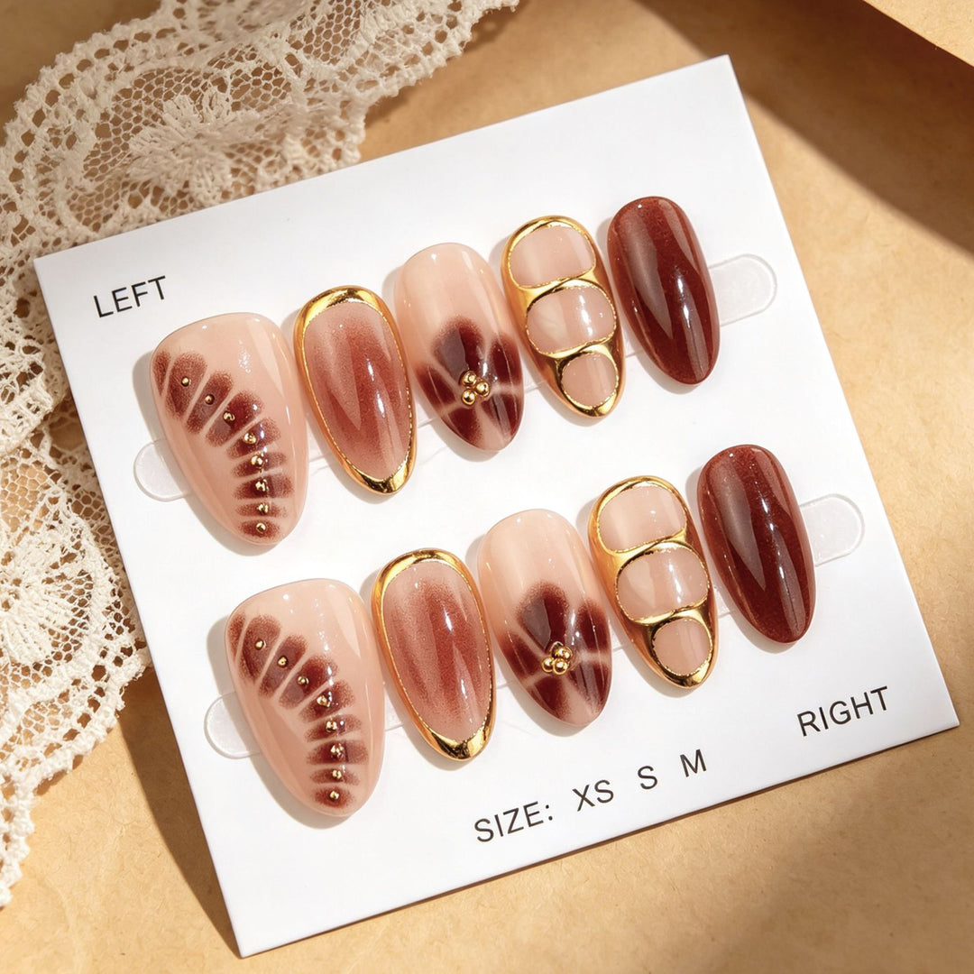 Decorative Press-On Nail Art Set with Gold Foil Accents