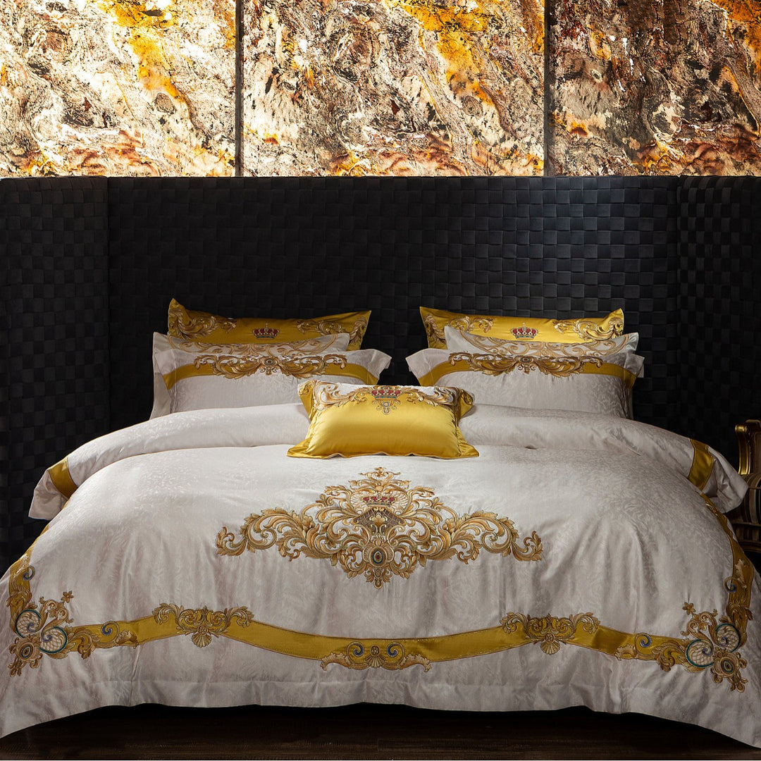 Opulent Baroque Scroll Embroidered Duvet Cover Ensemble with Satin-Edge Shams & Decorative Accent Pillow