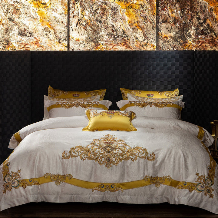 Opulent Baroque Scroll Embroidered Duvet Cover Ensemble with Satin-Edge Shams & Decorative Accent Pillow