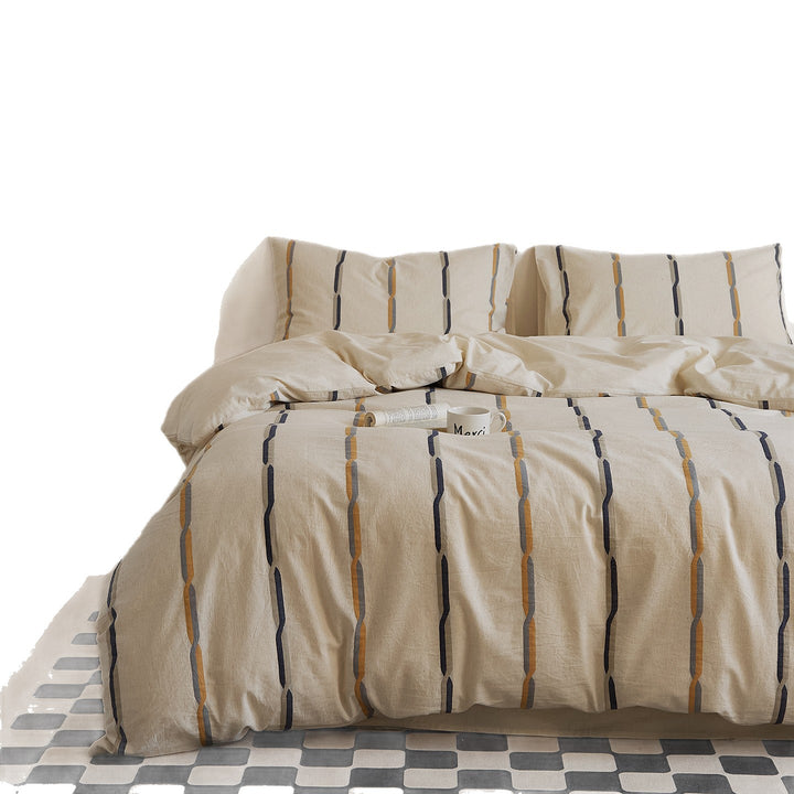 Cotton-linen duvet cover set with brush stroke stripes and airy muslin texture