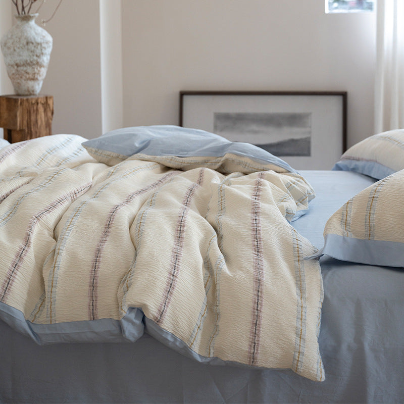 Textured Quilted Duvet Cover Set with Striped Woven Panel and Envelope Shams