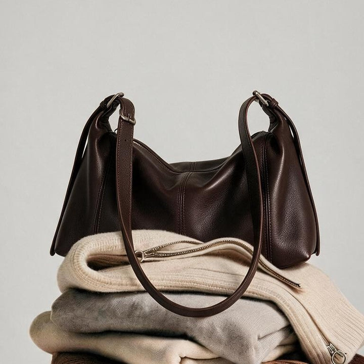 Curved-Side Pebbled Leather Slouchy Shoulder Hobo with Adjustable Buckle Straps