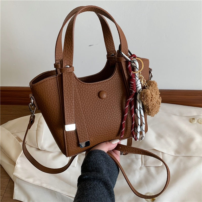 Textured Mini Tote Handbag with Charming Bear Keychain
