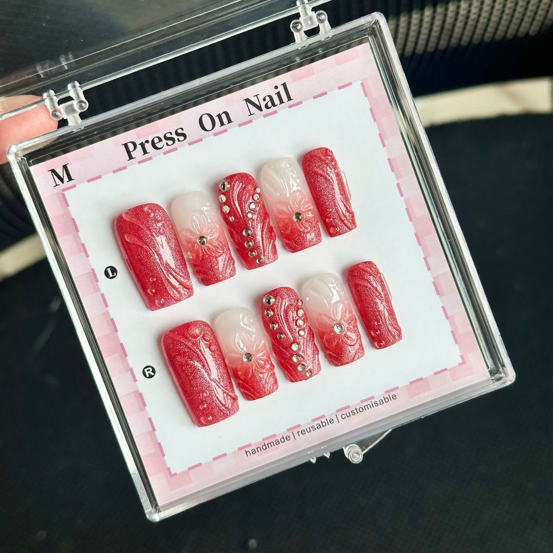 Decorative Press-On Nail Set with Floral and Gem Accents  1791773770