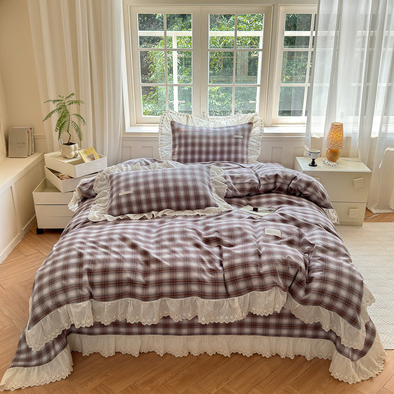 Ruffled Eyelet Lace Striped Cotton Duvet Cover Set with Frilled Pillow Shams