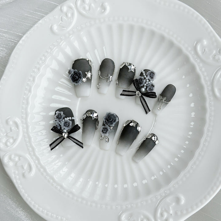 Decorative Floral Press-On Nail Set with Gem Accents