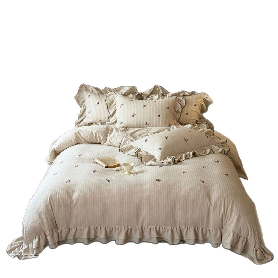 Ruffled Cotton Embroidered Duvet Cover Set with Pillow Shams