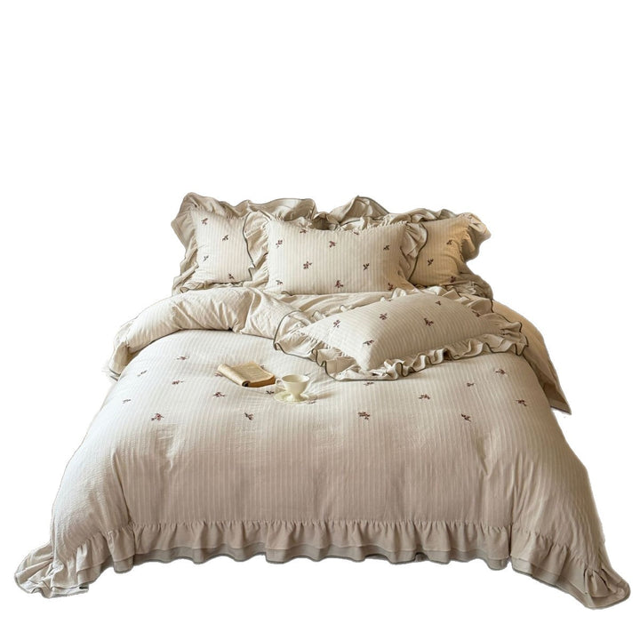 Ruffled Cotton Embroidered Duvet Cover Set with Pillow Shams