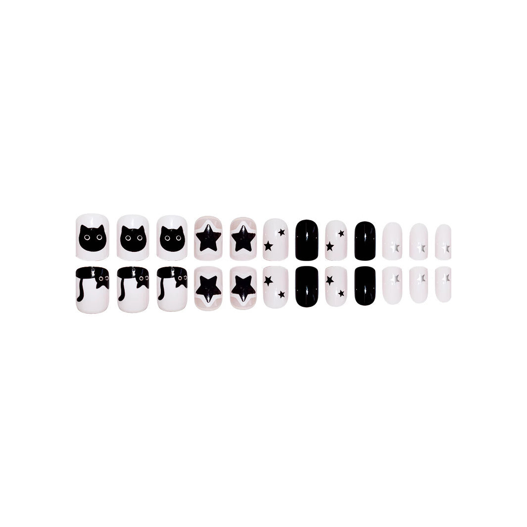 Playful Cat and Star-Themed Press-On Nail Art Extensions Stornfield