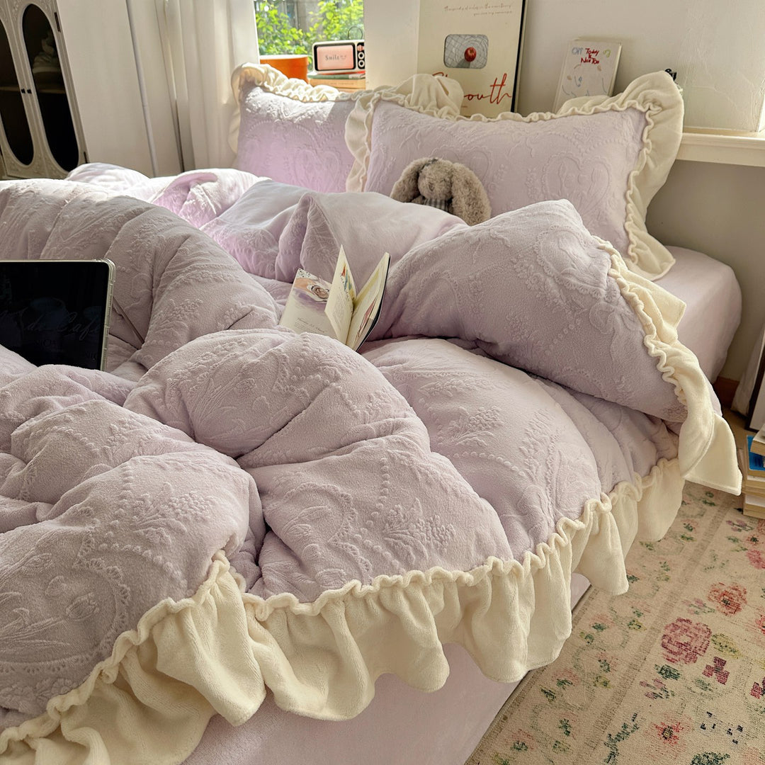 Plush Ruffled Embossed Velvet Comforter Set with Layered Frill Shams