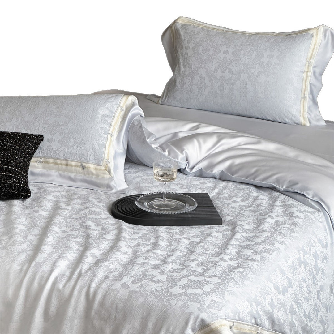 Silk-Feel Jacquard Floral Duvet Cover Set with Satin-Trim Pillow Shams