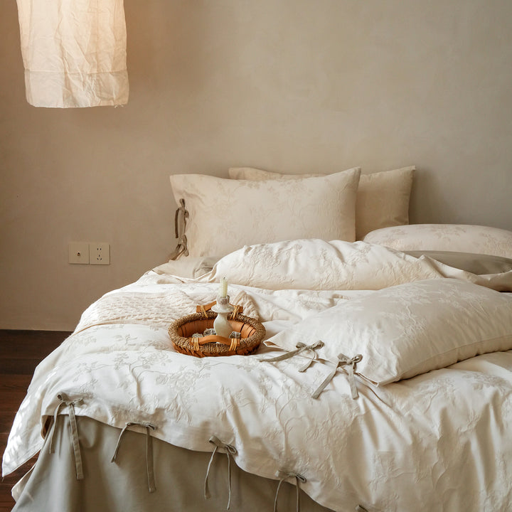 Floral Jacquard Cotton Duvet Cover Set with Tie-Closure Pillow Shams