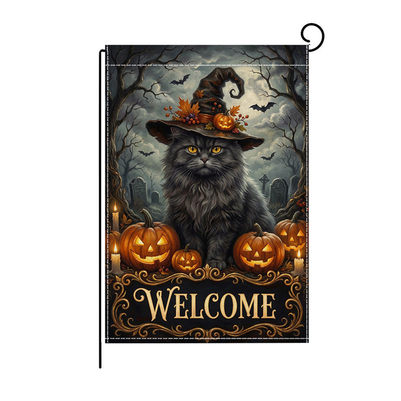 Outdoor Halloween Garden Flag Double-Sided Polyester Yard Banner with Skeleton and Jack-o'-Lantern Illustration