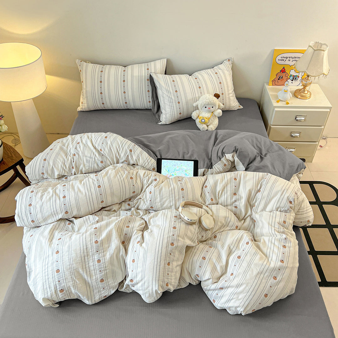 Striped Vintage Floral Cotton Percale Duvet Cover Set