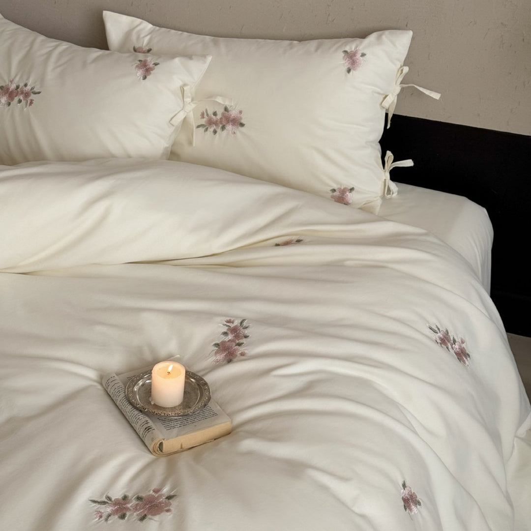 Embroidered Cotton Sateen Duvet Cover Set with Tie Closures and Scattered Floral Motif