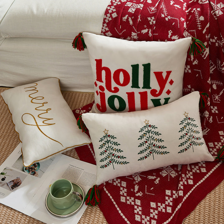 Decorative Holiday Throw Pillow with Gold Script Embroidery