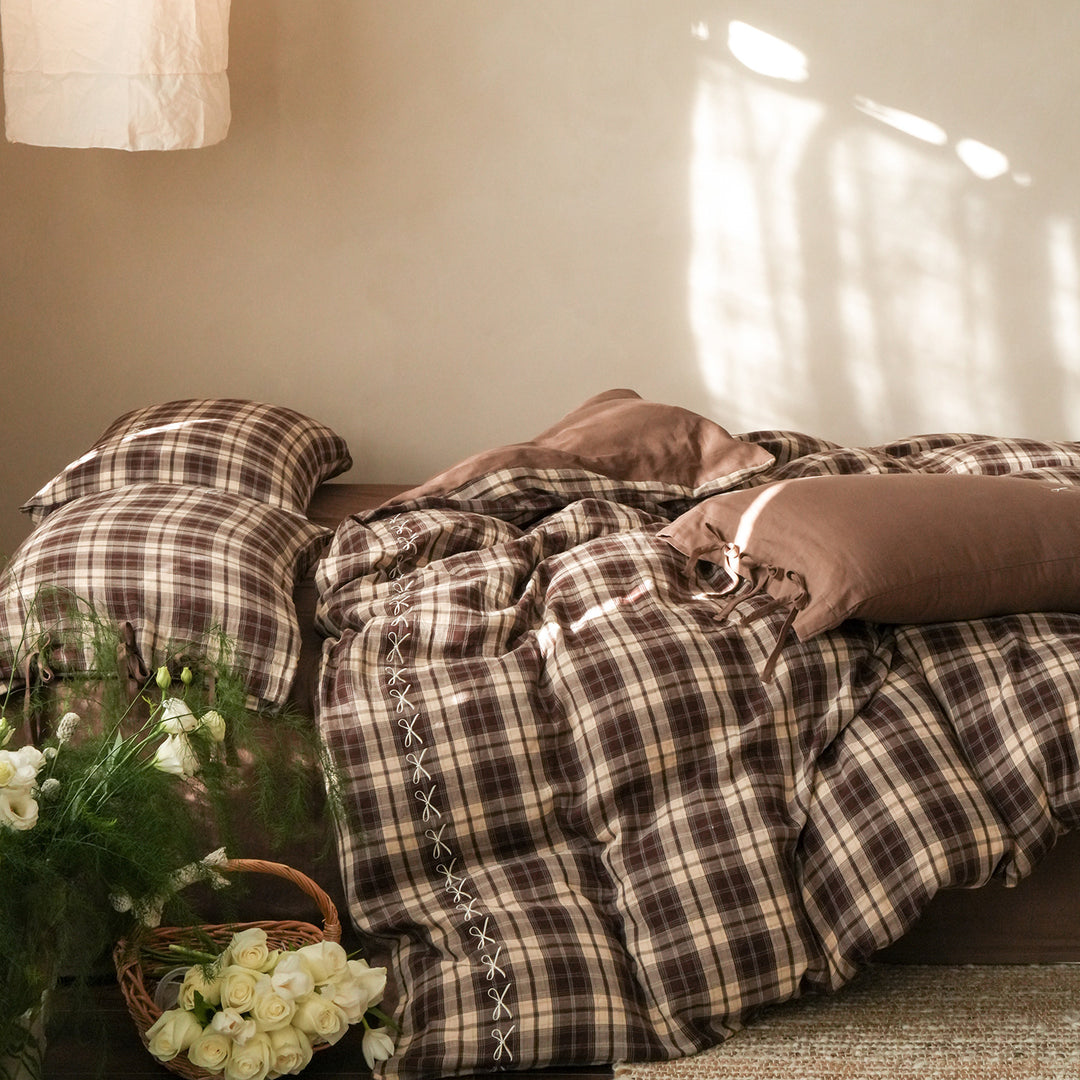 Luxury Plaid Cotton Duvet Cover Set with Corner Ties