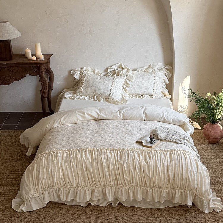 Romantic embroidered cotton bedding set with ruffles and floral jacquard embroidery