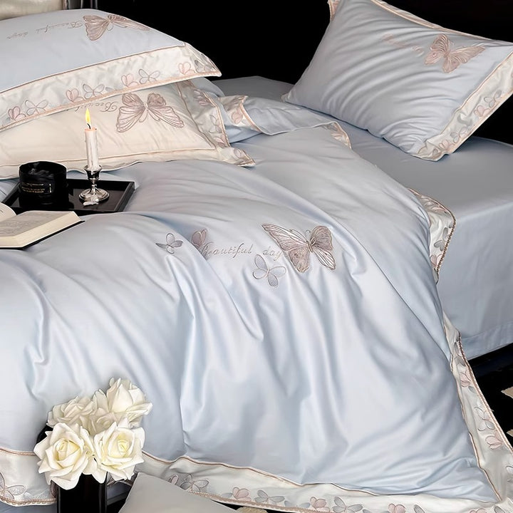 Satin-Feel Embroidered Butterfly Duvet Cover Bedding Set