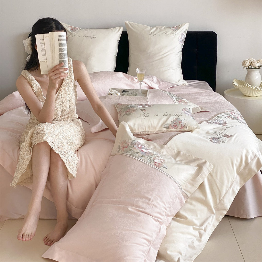 Floral Embroidered Sateen Duvet Cover Set with Watercolor Rose Border