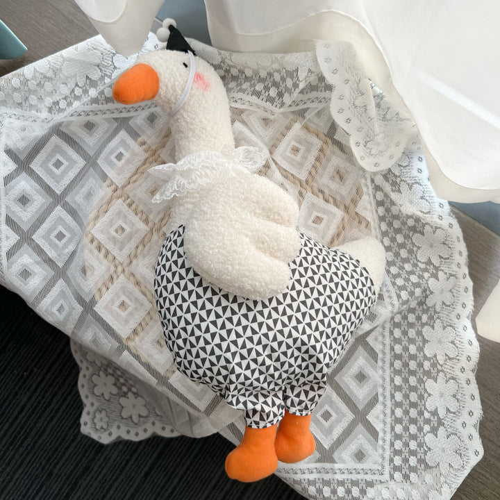Plush Decorative Goose Soft Toy with Lace Collar and Geometric Body