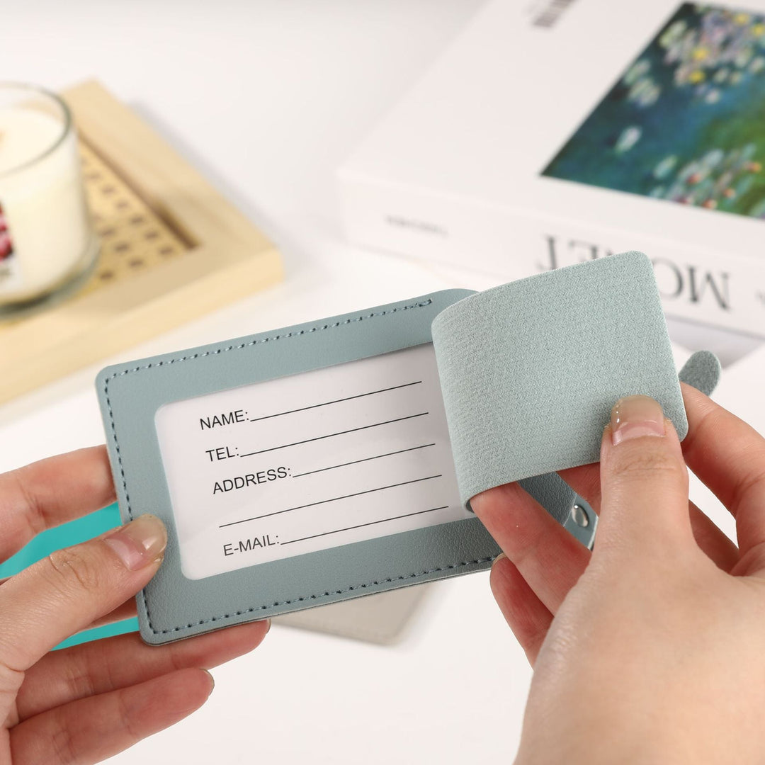premium vegan leather luggage tag with adjustable buckle and clear ID window Stornfield