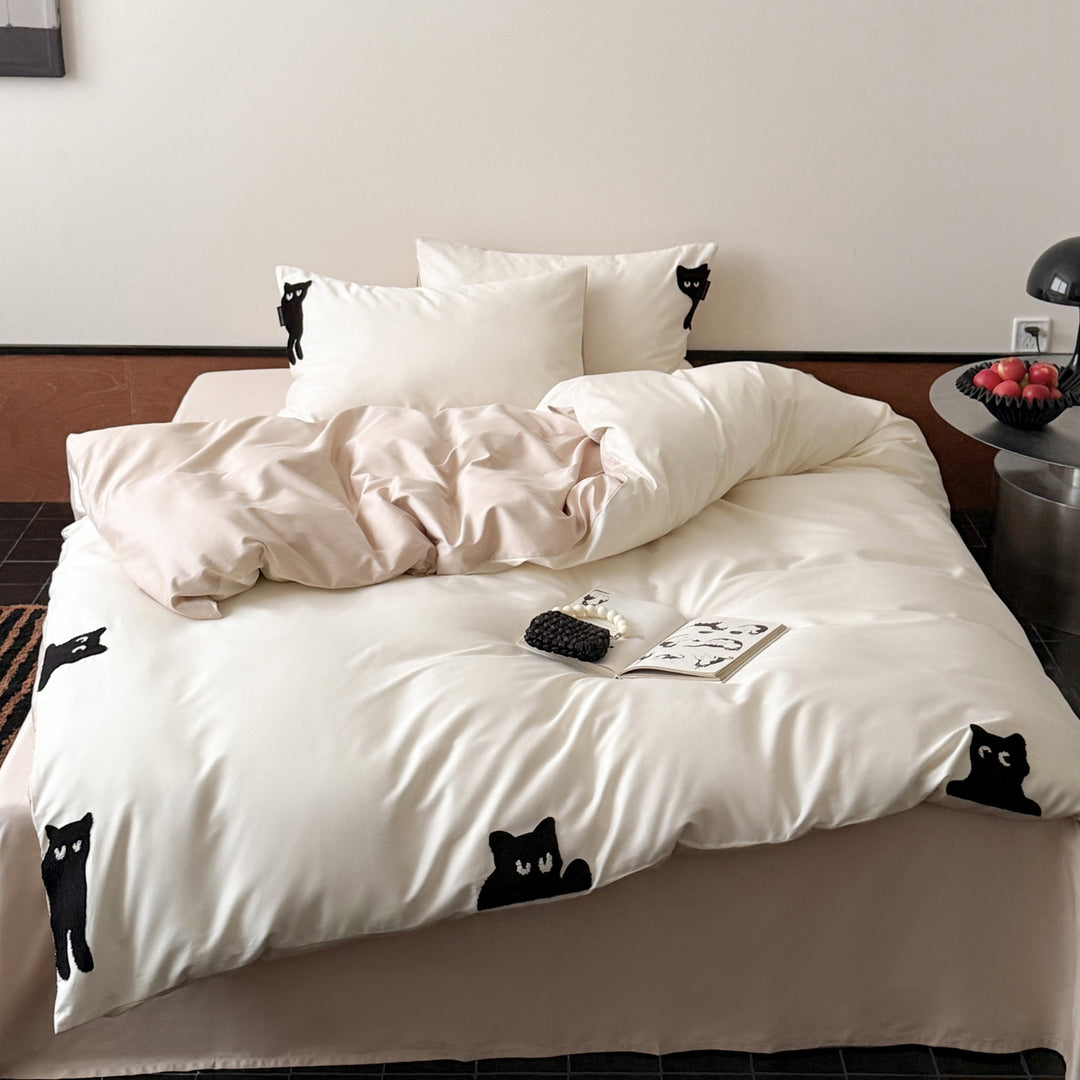 Cotton Sateen Duvet Cover Set with Raised Cat Appliqué & Hidden Closure