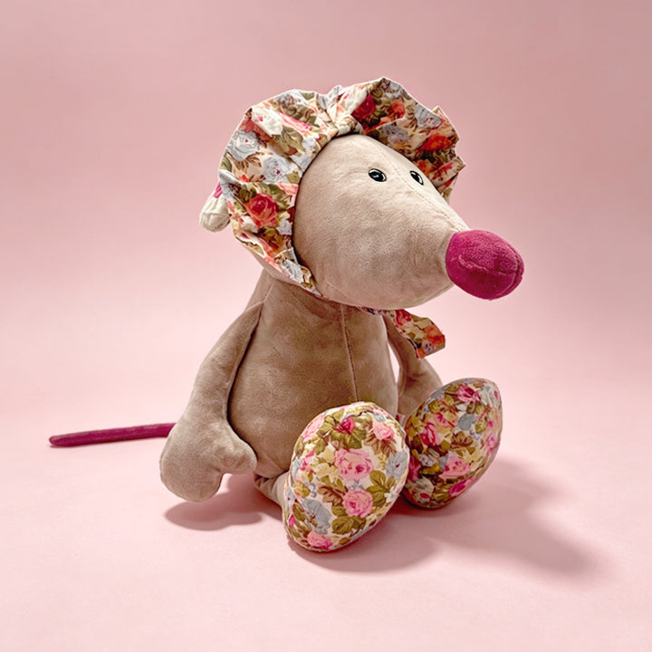 Plush Mouse Nursery Comforter with Floral Cap and Scarf, Velvet Paws Stornfield