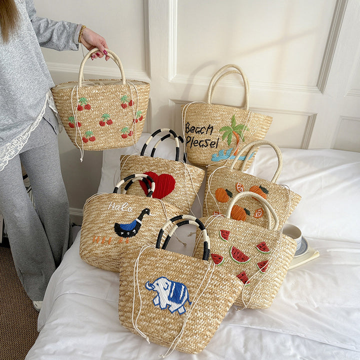 Embroidered Straw Market Tote