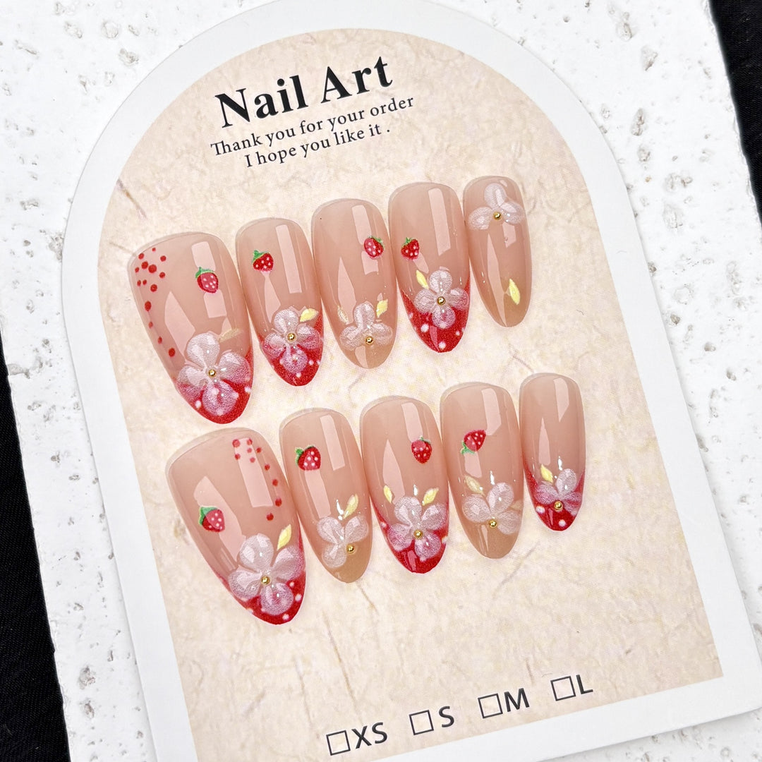 Floral Strawberry-Themed Press-On Nails