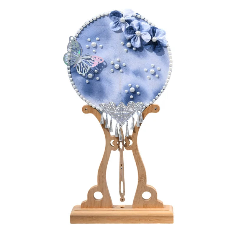 Women's One Size Handmade Silk Hand Fan DIY Jewelry Set with Bead Accents, Floral Appliqués, Delicate Tassel Embellishments and Wooden Stand Stornfield