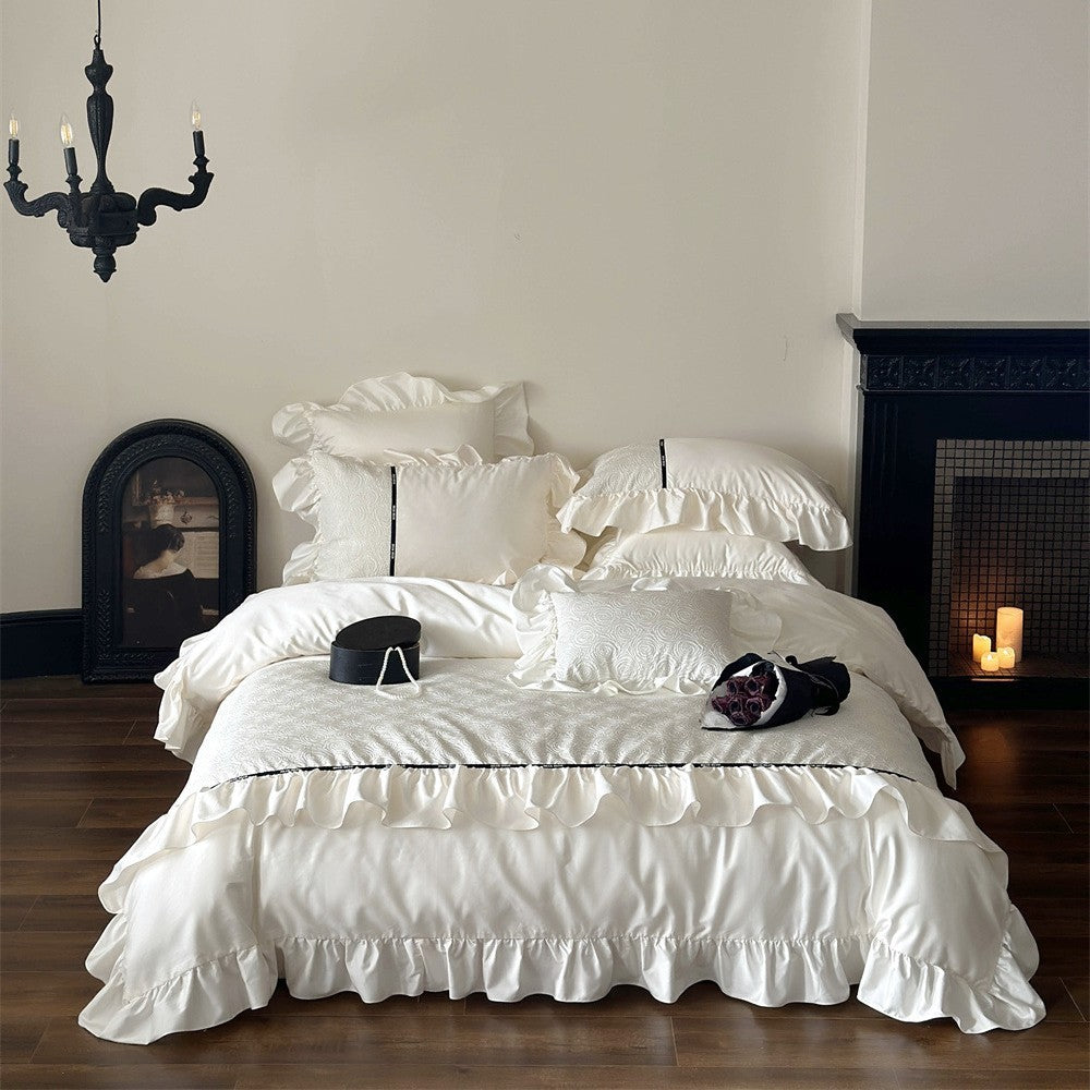 Luxe Ruffled Satin-Feel Bedspread Set with Quilted Jacquard Top and Decorative Contrast Trim