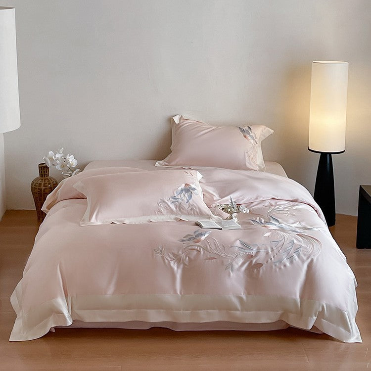 Embroidered Satin-Blend Floral Duvet Cover Set with Reversible Silky Back & Satin Border