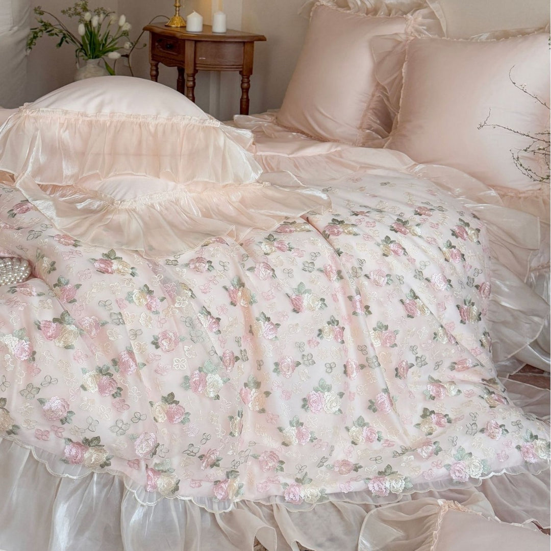 Floral Embroidered Ruffled Satin-Trim Duvet Cover Set