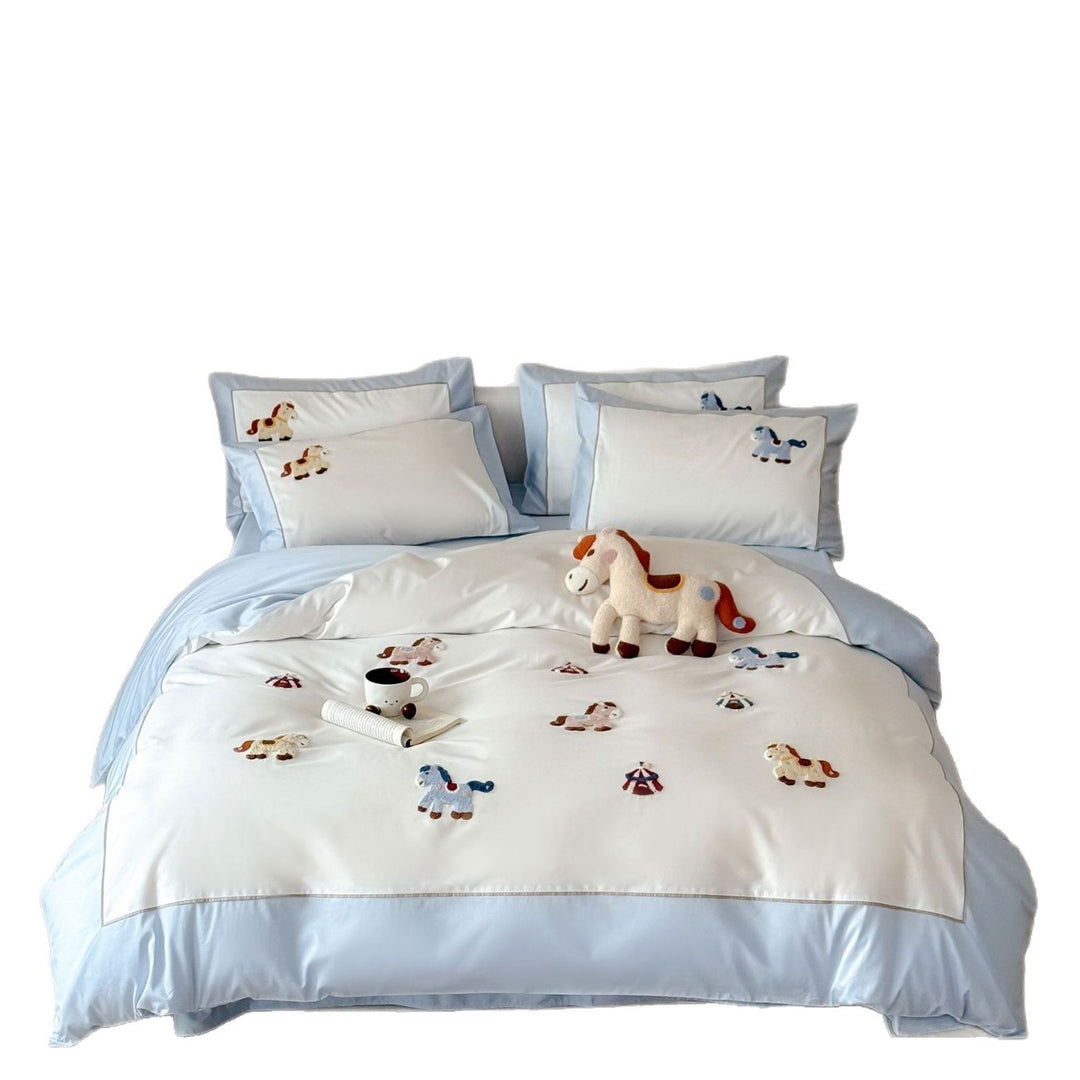 Embroidered Cotton Duvet Cover Set with Horse Appliqué