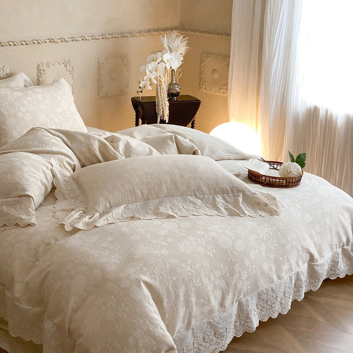 Lace-Trim Floral Jacquard Duvet Cover Set