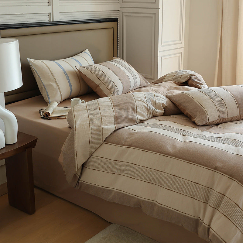 Striped Textured Cotton-Linen Duvet Cover Set with Decorative Euro Shams