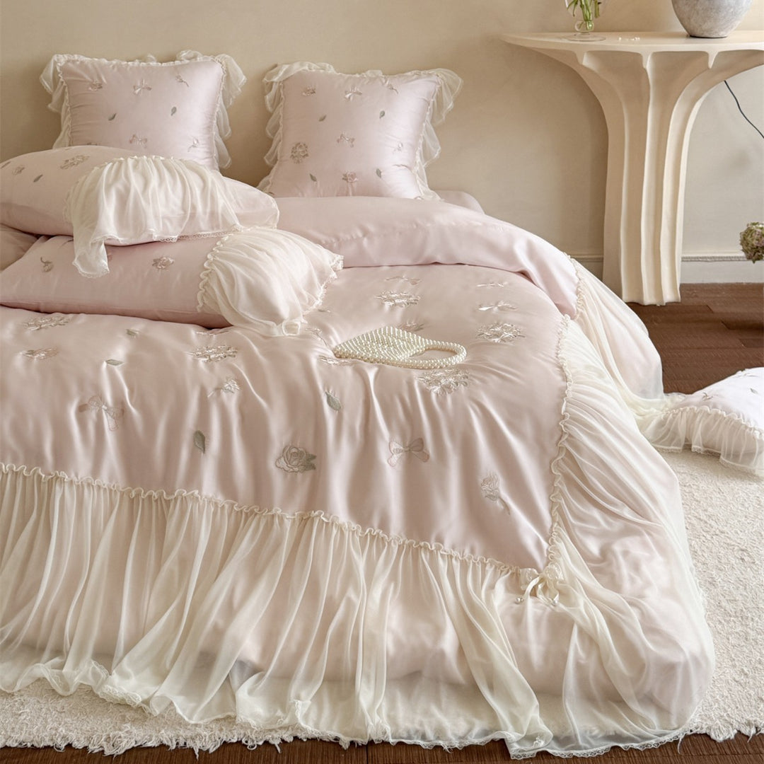 Luxury Satin-Blend Embroidered Comforter Ensemble with Sheer Ruffled Skirt & Decorative Bolster