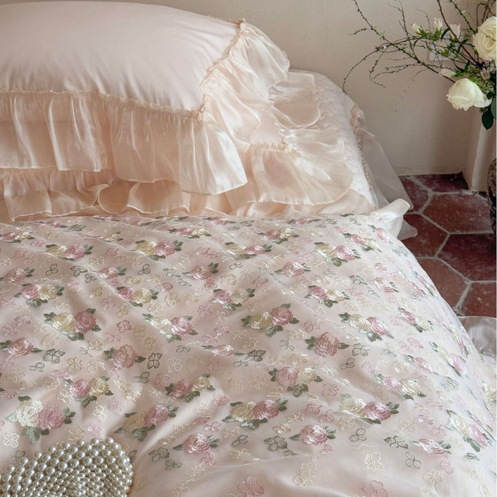 Floral Embroidered Ruffled Satin-Trim Duvet Cover Set