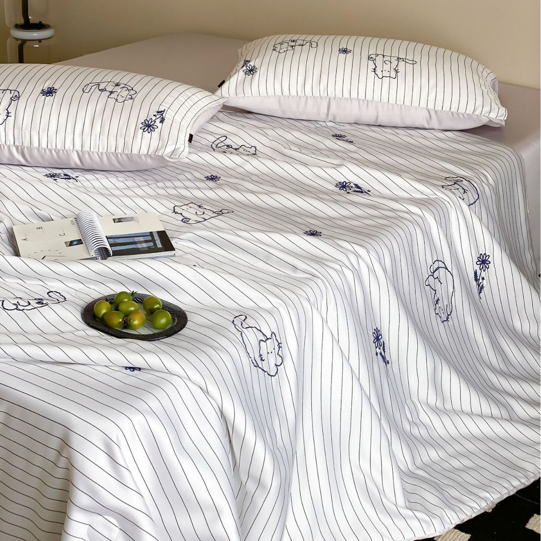 Cotton satin bed sheet and pillowcase set with fine pinstripe and subtle embroidery