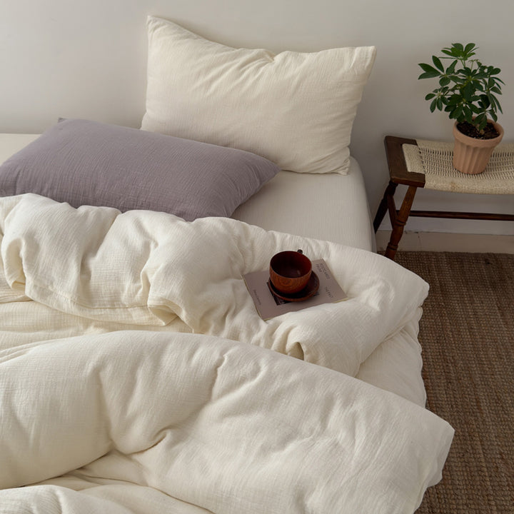 Washed Cotton Gauze Textured Duvet Cover Set with Deep-Pocket Fitted Sheet