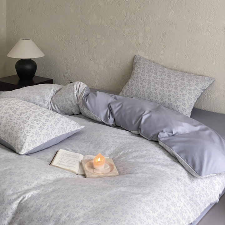 Floral Micro-Print Cotton Sateen Duvet Cover Set with Reversible Solid-Back and Pillow Shams