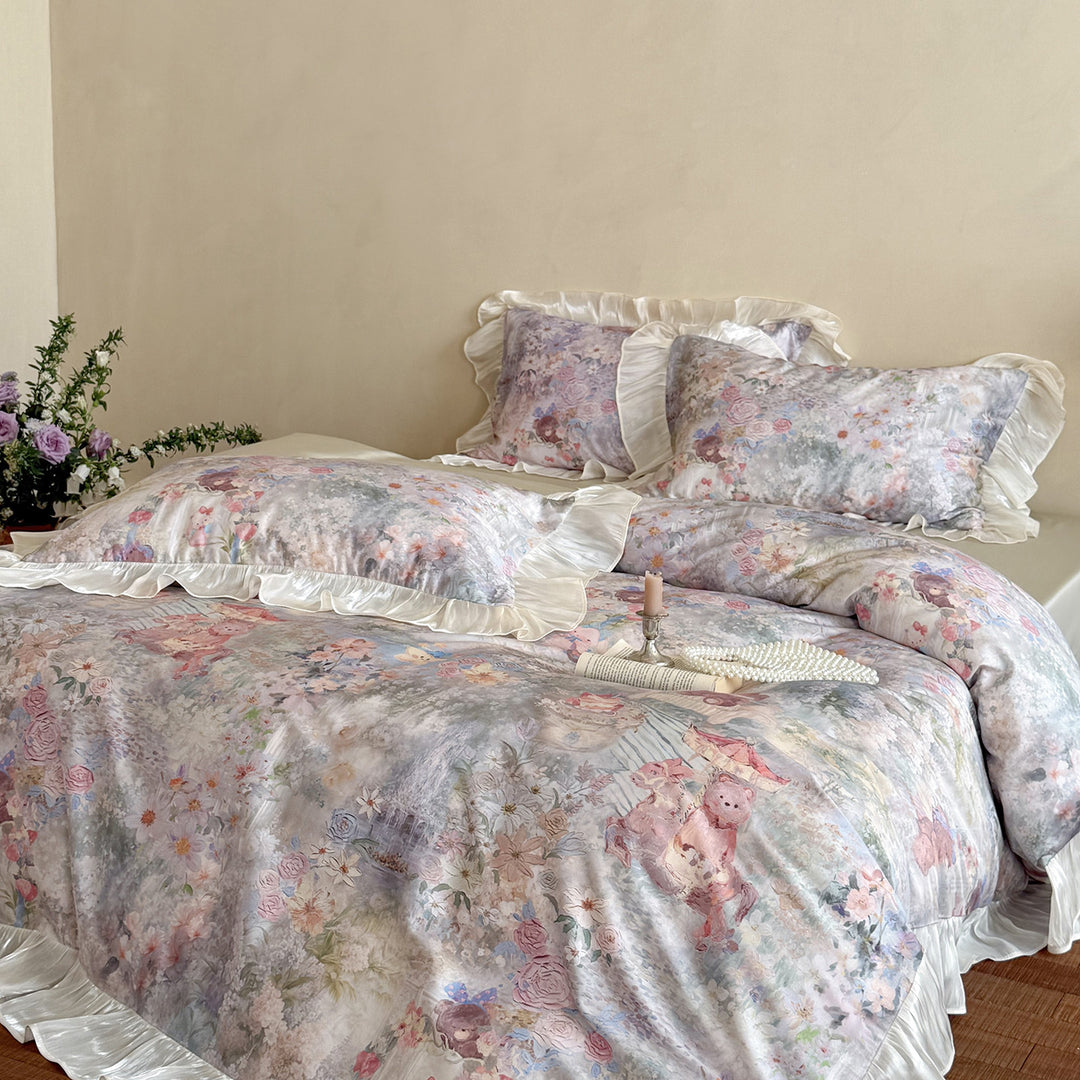 Romantic cotton satin bedding set with watercolor floral pattern and gathered satin ruffle