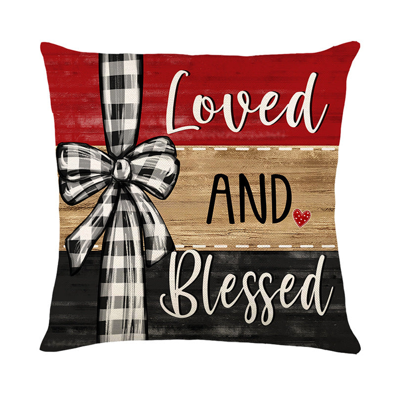 Decorative Square Throw Pillow Cover with Script 'Loved and Blessed' Print and Buffalo-Check Bow Accent
