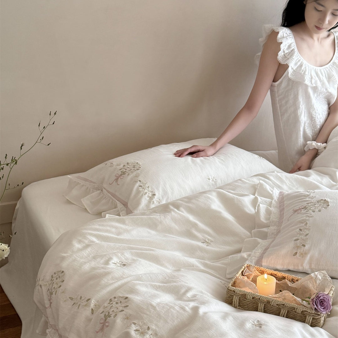 Embroidered Ruffled Linen-Cotton Duvet Cover Set