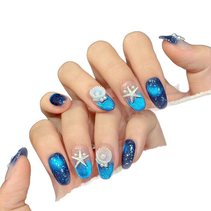 Ocean-Inspired Press-On Nail Set with Starfish and Shell Designs