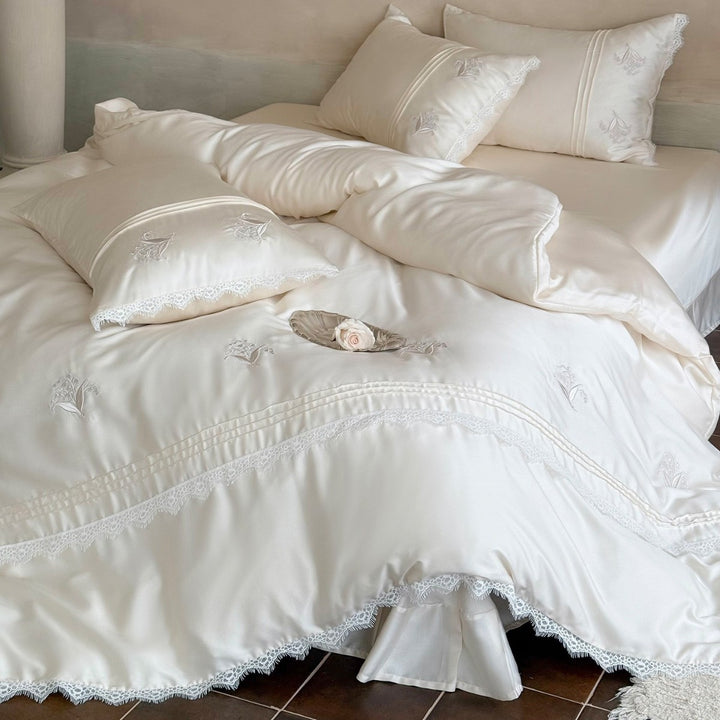 Luxe Embroidered Sateen Duvet Cover Set with Lace Trim and Tailored Bed Skirt