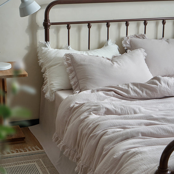 Cotton Gauze Fringed Duvet Cover Set with Washed Linen Texture