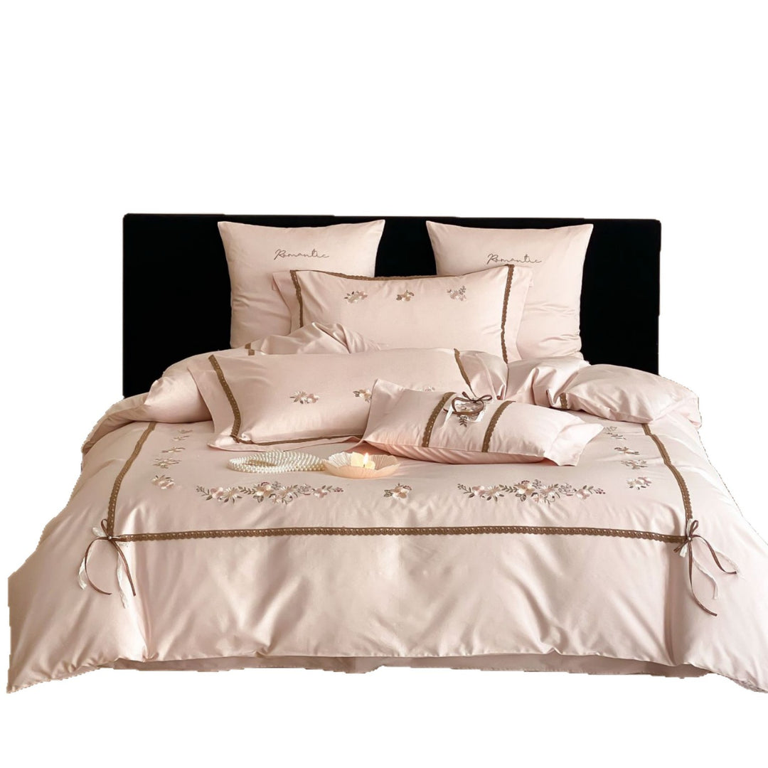 Embroidered Satin Sateen Duvet Cover Set with Lace-Trim Pillow Shams