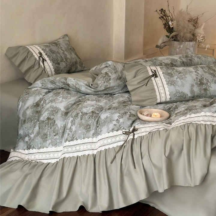 Vintage Rose Ruffled Lace-Trim Cotton Duvet Cover Set with Bedskirt & Pillow Shams
